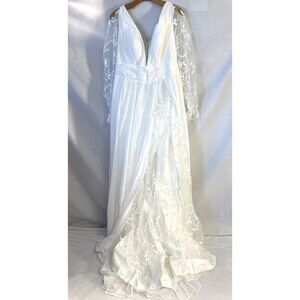 NWT Flowy LS Beach Wedding Dress 18W - a-line, v-neck, lace sleeve & front, sexy